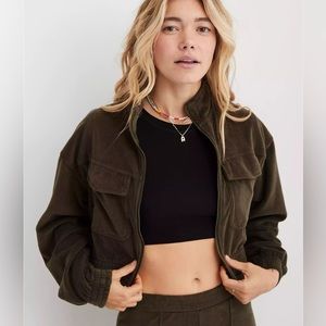 Aerie Groove-On Velour Full Zip Jacket in Nomad Olive